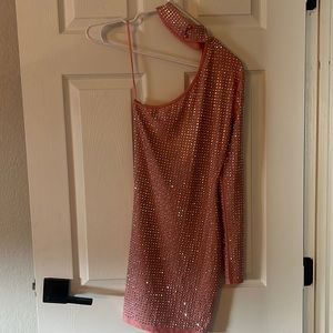 light pink, rhinestone, one sleeved, choker pencil dress